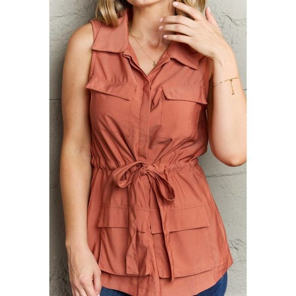 Ninexis Follow The Light Sleeveless Collared Button Down Top - Picture 5 of 5